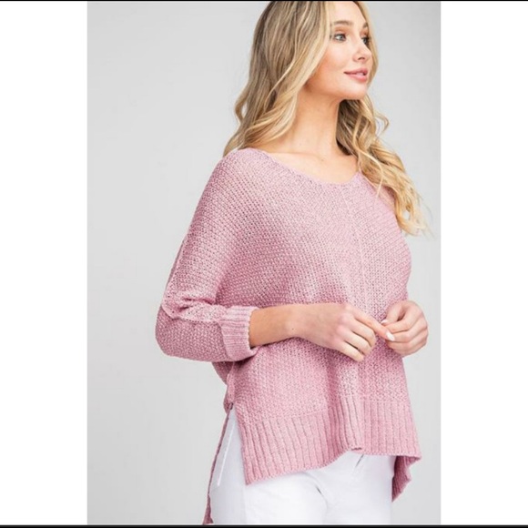 Pink Sweater, Hi-Lo Crew Neck, Brand New, Mauve, Lightweight, Open Knit Design - Picture 2 of 4